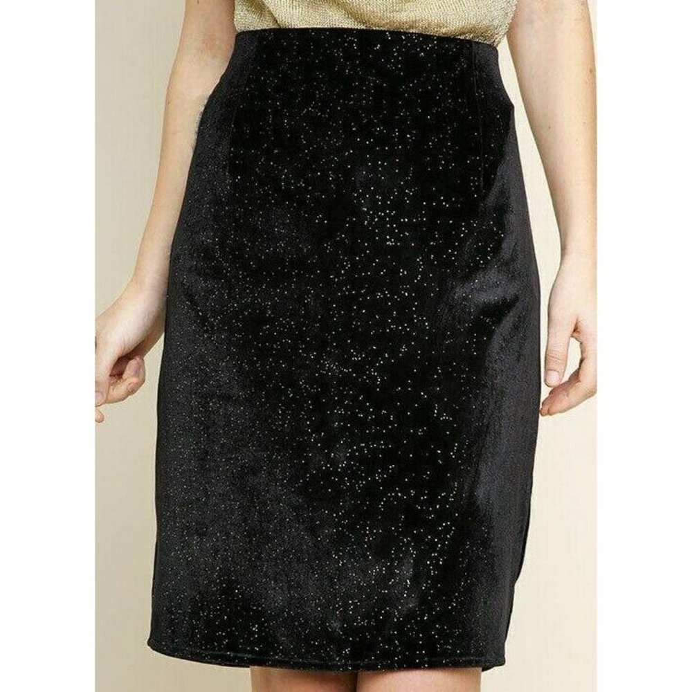 Umgee Skirt Midi Pencil Black Velvet Gold Specks New